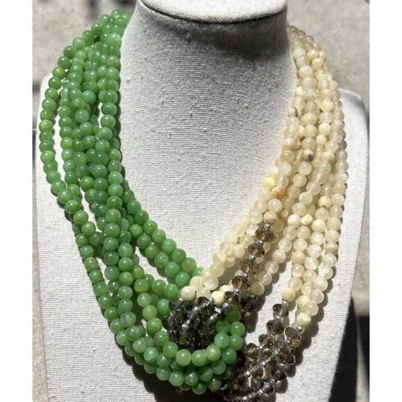 Vintage Jewelry - Vintage Green Jade Agate Glass Multi Strand Beaded Women’s Necklace Sz 19”